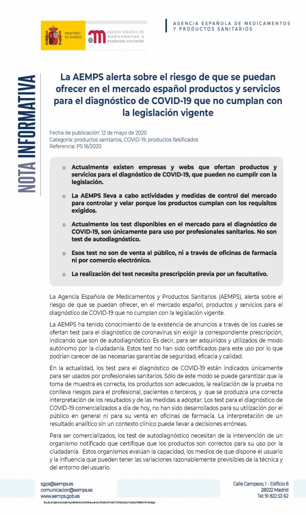 La AEMPS alerta sobre el riesgo de que se puedan ofrecer en el mercado español productos y servicios para el diagnóstico de COVID-19 que cumplan con la legislación vigente.